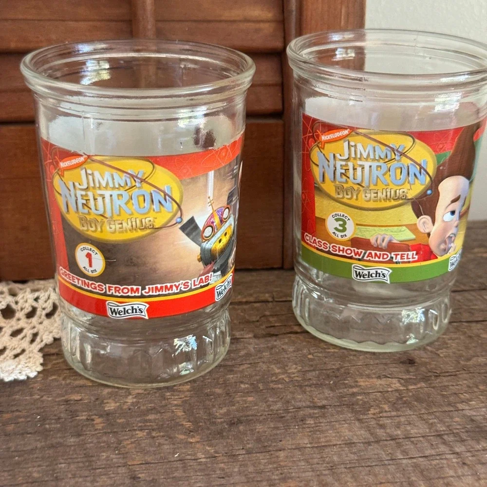 Welch's Jimmy Neutron Boy Genius Jelly Jar Glasses Set of 2 Vintage 2002 Nick